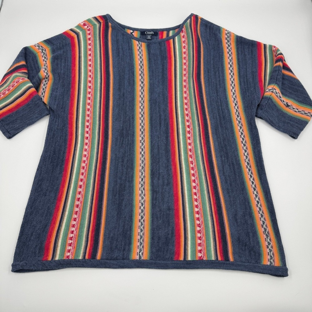CHAPS Women's Blue Multi Color Stripe Knit Sweater Top Plus Size‎ 2X/2XG/EEG